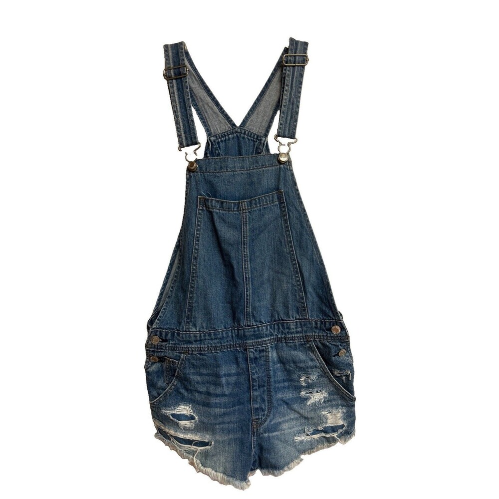 American Eagle Distressed Denim Short Overalls Sz Small Medium Wash 100% Cotton